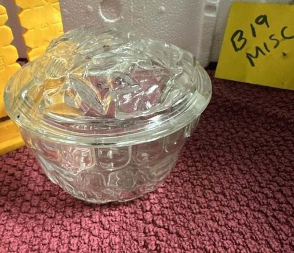 Vintage KIG Indonesia Clear Pressed Glass Floral Motif Lidded Trinket Candy Dish
